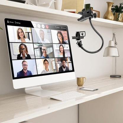 Webcam Stand, Webcam Mount Gooseneck Arm with Phone Holder Web Camera Stand Desk Mount Clip Clamp for Logitech Webcams C922 C930e C920S C920 C615 C960 C920x BRIO 4K NexiGo N60 and More