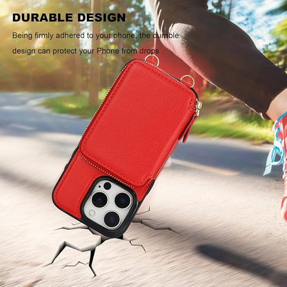 Bocasal RFID Blocking Wallet Case for iPhone 16 Pro, Adjustable Crossbody Zipper Purse Case Card Holder with Kickstand Detachable Wrist Strap, PU Leather Flip Folio Case 6.3 Inch 5G (Red)