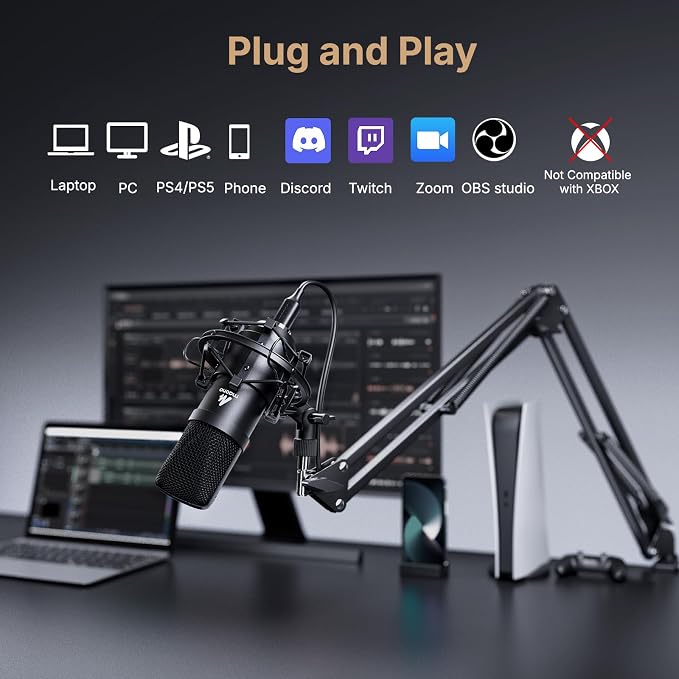 USB Microphone, MAONO 192KHZ/24Bit Plug & Play PC Computer Podcast Condenser Cardioid Metal Mic Kit with Professional Sound Chipset for Recording, Gaming, Singing, YouTube (AU-A04)