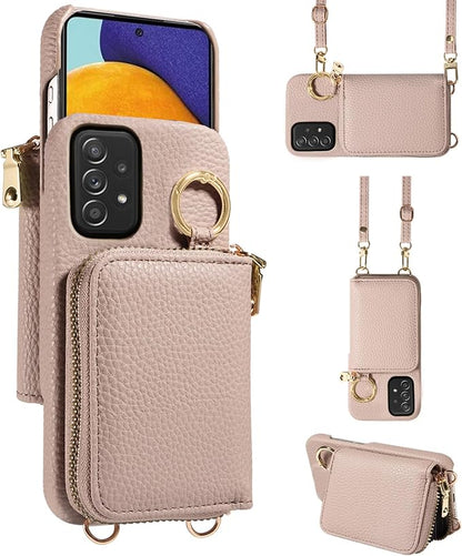 Wallet Case for Samsung Galaxy A52/A52S 5G with Shoulder Strap Ring Buckle, PU Leather Zipper Organ Purse, Credit Card Holder Stand Cell Phone Cover for A 52 S 4G G5 52A S52 52S Women Men Khaki