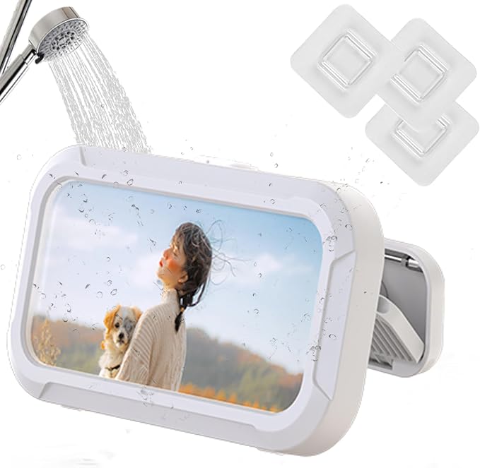 360° Rotatable Retractable Adjustable Shower Phone Case Holder,Anti-fog HD & sensitive screen ,Wall Mounted Phone Holder for Bathroom Mirror Bathtub Kitchen,Shower Accessories for 4-7" Phones (white)