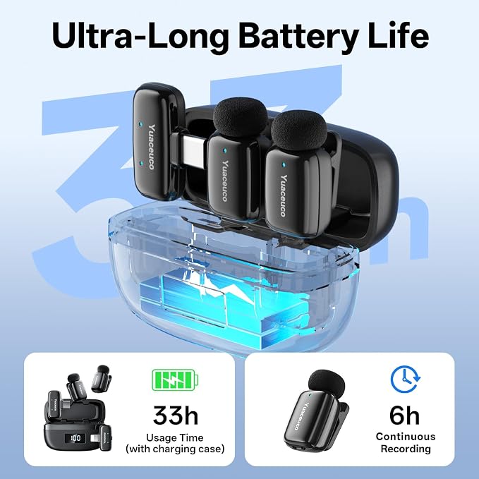 2 Sets Mini Wireless Microphone for iPhone ipad Android, Noise Reduction and Mute, 33h Charging Case, AI Voice Changer, Mini Lapel Mic for Video Recording, Vlogging, YouTube