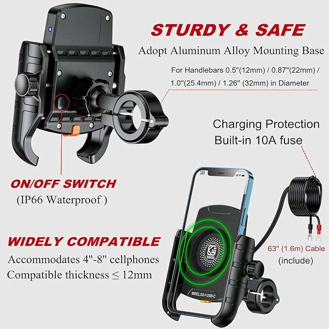 BRCOVAN Motorcycle Phone Mount Holder with Qi 15W Wireless Charger & PD/USB-C 20W Fast Charging Port, Waterproof Cellphone Cradle with Aluminum Alloy Handlebar Mounting Base for 4-8" Smartphone