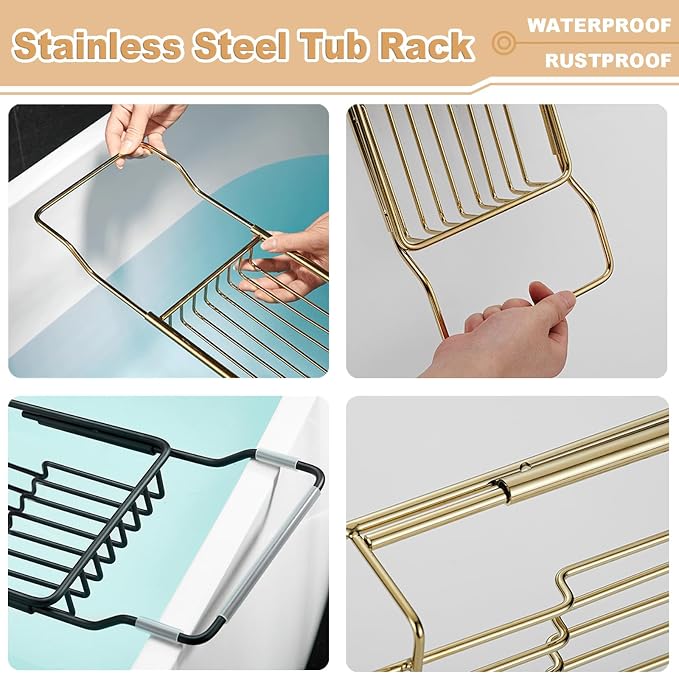 Stainless Steel Bathtub Caddy Tray, Expandable Bath Tub Tray Table, Adjustable Bathroom Tray, Bath Organizer Tub Shelf,Black,26.8~35.4in