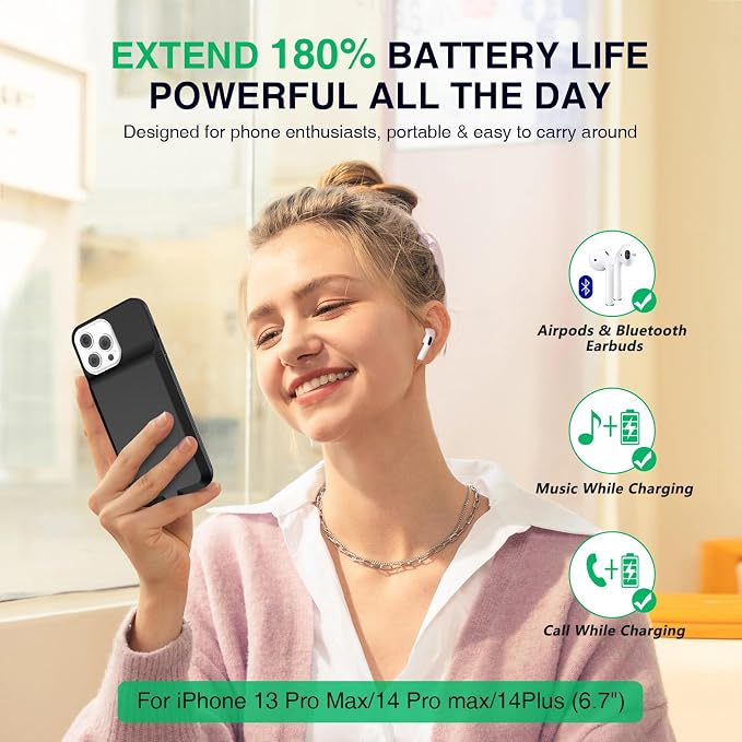 Battery Case for iPhone 14 Pro Max/14 Plus/13 Pro Max/12 Pro Max, Rechargeable Case Charger Soft TPU Anti-Slip Slim 8000mAh 15W Fast Charging Juice Box for 12/13/14 Pro Max/14 Plus 6.7inch-Black