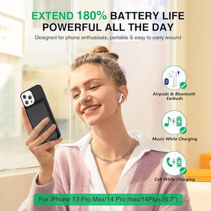Battery Case for iPhone 14 Pro Max/14 Plus/13 Pro Max/12 Pro Max, Rechargeable Case Charger Soft TPU Anti-Slip Slim 8000mAh 15W Fast Charging Juice Box for 12/13/14 Pro Max/14 Plus 6.7inch-Black