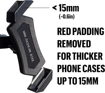 The dashcam.Bike Phone Mount: The Best Bicycle Phone Holder That Reduces Shake Without Blocking Your Camera [Without Red Padding, Designed for Extra Thick Phone Cases]