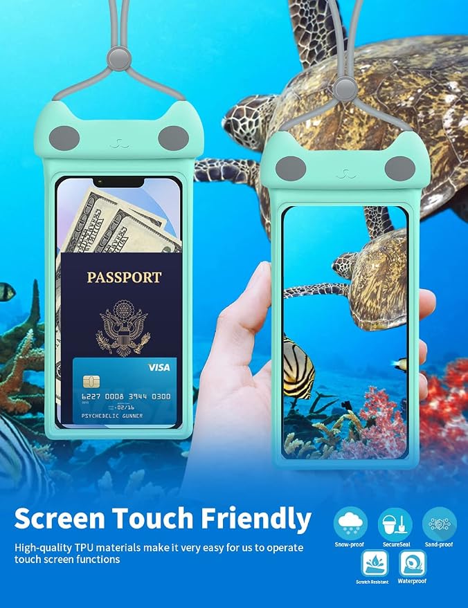 wellhouse Waterproof Phone Pouch, Waterproof Phone Case for iPhone 17 16 15 14 Pro Max XS Samsung, IPX8 3D Cellphone Dry Bag Beach Essentials -Kitten Crystal Mint