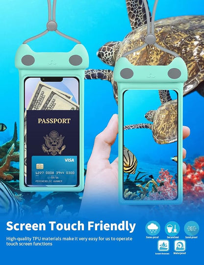 wellhouse Waterproof Phone Pouch, Waterproof Phone Case for iPhone 17 16 15 14 Pro Max XS Samsung, IPX8 3D Cellphone Dry Bag Beach Essentials -Kitten Crystal Mint
