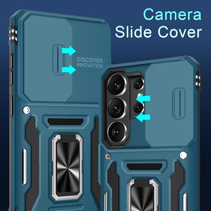 DEERLAMN Case for Samsung Galaxy S26 Ultra 6.9-Inch with Slide Camera Cover+Screen Protector(1 Pack), Rotated Ring Kickstand Military Grade Shockproof Protective Cover-Light Blue
