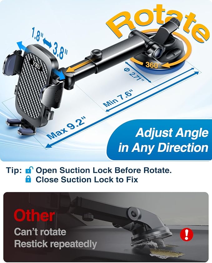YRU True Military-Grade [360° Rotation Suction] 2026 Ultimate Car Phone Holder Mount【90+LBS Safest Strongest & Patent Certs】Dashboard Windshield Vent for iPhone 17 16 Pro Max Video Dash Mounting Kits