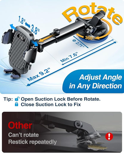 YRU True Military-Grade [360° Rotation Suction] 2026 Ultimate Car Phone Holder Mount【90+LBS Safest Strongest & Patent Certs】Dashboard Windshield Vent for iPhone 17 16 Pro Max Video Dash Mounting Kits