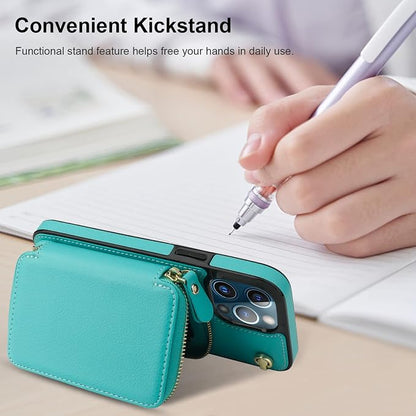Bocasal Crossbody Wallet Case for iPhone 13 Pro Max, RFID Blocking Leather Purse Case with Card Holder, Protective Handbag Flip Cover with Zipper Wrist Strap Lanyard for Women 5G 6.7 Inch (Mint Green)