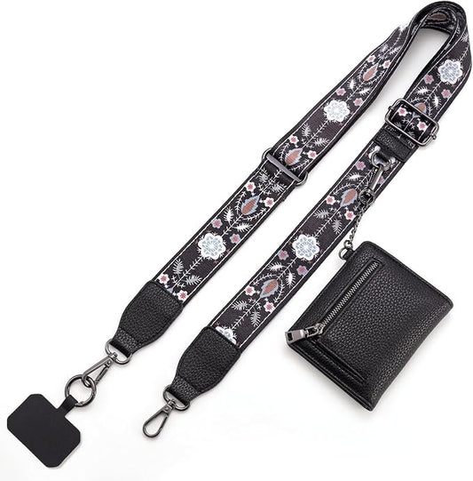 Diaclara Clip and Go Phone Strap with Zipper Pouch- Stylish Crossbody Adjustable Chain Lanyard with Leather Wallet for All Phones, Black Pattern