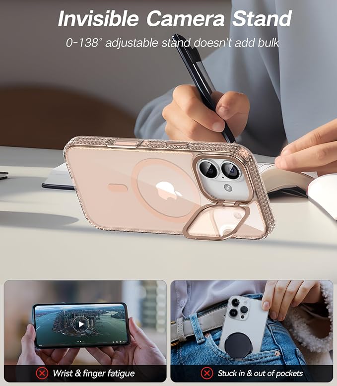 [Upgraded Full Camera Protection] for iPhone 17 Case with Camera Cover Stand [Fit for MagSafe][10FT Mil-Grade Protection] Transparent Magnetic iPhone 17 Phone Case, Clear Gold