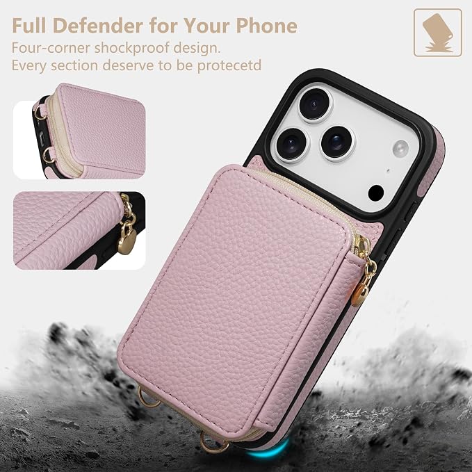 Keallce Case for iPhone 17 Pro 6.3'' Case Wallet, Crossbody Zipper Purse with RFID Blocking Card Slots Kickstand, Lanyard & Handstrap Flip Folio Leather Phone Cover for iPhone 17 Pro, Pink