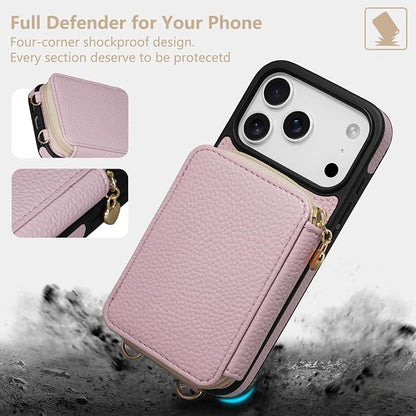 Keallce Case for iPhone 17 Pro 6.3'' Case Wallet, Crossbody Zipper Purse with RFID Blocking Card Slots Kickstand, Lanyard & Handstrap Flip Folio Leather Phone Cover for iPhone 17 Pro, Pink