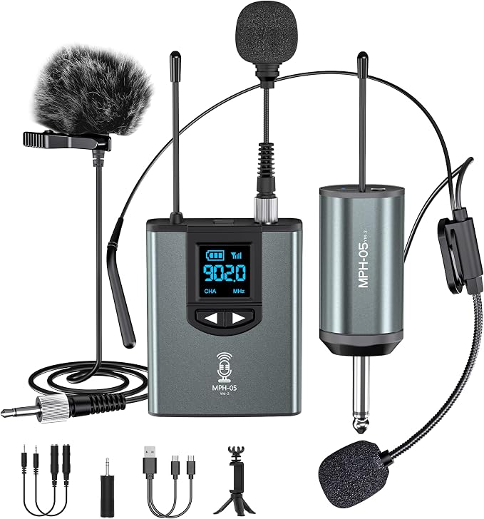 ttstar Wireless Microphone System Headset/Stand/Lavalier Mic with Rechargeable Bodypack Transmitter Receiver for PA Speaker, Camera, Recording, Teaching, Church (1T1R-Steel)