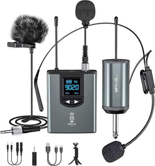 ttstar Wireless Microphone System Headset/Stand/Lavalier Mic with Rechargeable Bodypack Transmitter Receiver for PA Speaker, Camera, Recording, Teaching, Church (1T1R-Steel)