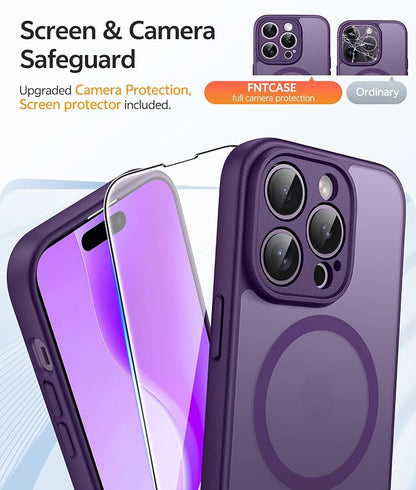 FNTCASE for iPhone 14 Pro Max Case: [Compatible with Magsafe] Translucent Matte Cases with [Full Camera Protection] [Screen Protector] Military Grade Shockproof Protective Phone Cover - Purple