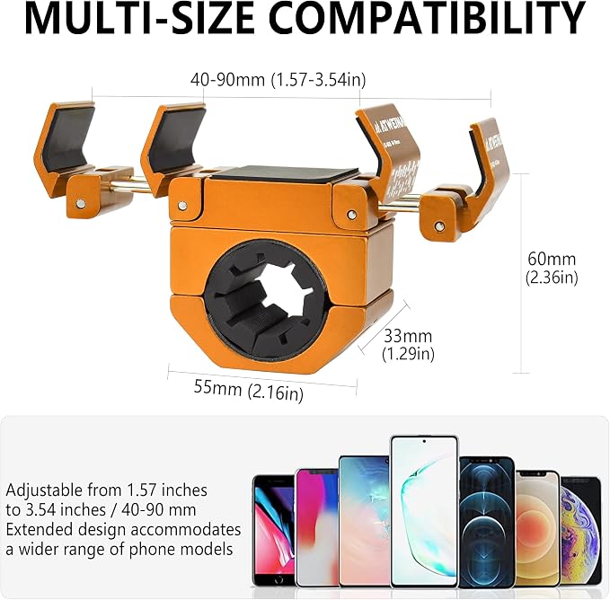 Bike Phone Holder, Motorcycle Phone Mount, Aluminum Alloy Bicycle Handlebar Cell Phone Stand, 360°Rotate Ebike Scooter Phone Clamp Clip, Suitable for 4.5-7.0" Smartphones (Gold)
