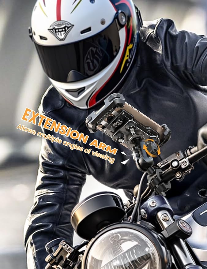 Lamicall Motorcycle Phone Mount Holder - [Metal Extension Arm] [Dual Vibration Dampener] Bike Cell Phone Mount, Bicycle Handlebar Phone Clamp, Gifts for iPhone 16 15 14 Pro Max, 4.7-6.7" Phones