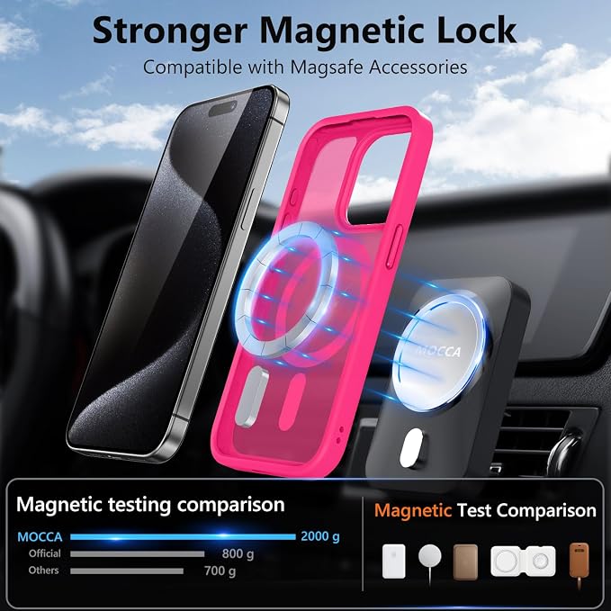 MOCCA Strong Magnetic for iPhone 15 Pro Case, [Compatible with Magsafe][13FT Military Drop Protection] Slim Translucent Matte Shockproof Case for iPhone 15 Pro Phone Case 6.1'', Hot Pink
