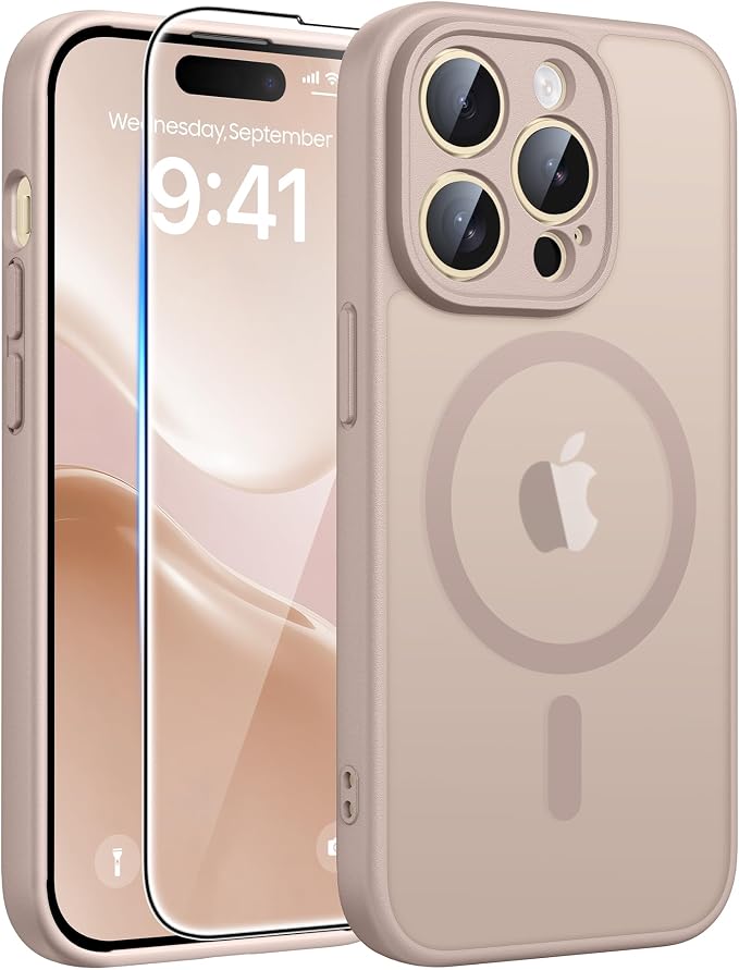 FNTCASE for iPhone 14 Pro Case: [Compatible with Magsafe] Translucent Matte Cases with [Full Camera Protection] [Screen Protector] Military Grade Shockproof Protective Phone Cover - Desert Gold