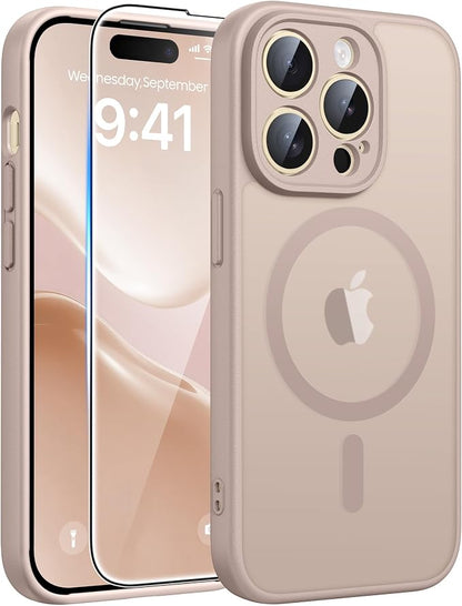 FNTCASE for iPhone 14 Pro Case: [Compatible with Magsafe] Translucent Matte Cases with [Full Camera Protection] [Screen Protector] Military Grade Shockproof Protective Phone Cover - Desert Gold