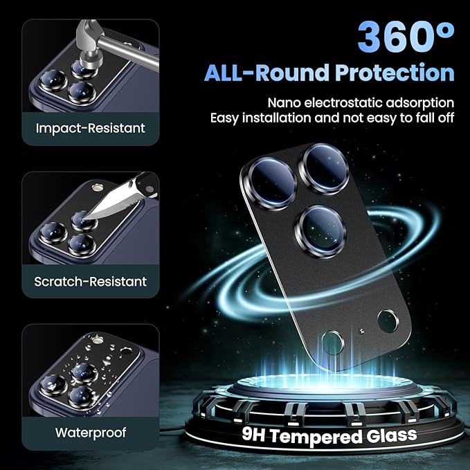 Uyiton Compatible with iPhone 17 Pro Camera Lens Protector - [Not Easy to Break][Strong Adsorption][Case-Friendly] Metal Tempered Glass Rear Camera Screen Cover - Black Titanium