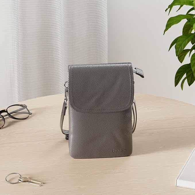 befen Genuine Leather Small Crossbody Bags for Women Cell Phone Bag Cross Body Purses,Silver Zipper