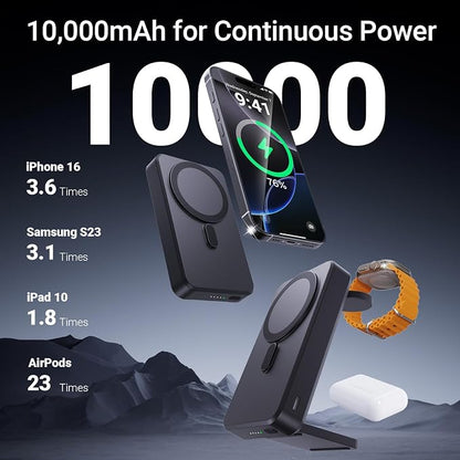 3-in-1 Portable Charger,10000mAh Foldable Power Bank Fast Charging,MagSafe Charger Battery Pack Magnetic,Travel Wireless Charging Station for iPhone 17/16/15/14/13/12,iWatch,Air pods,MatteBlack