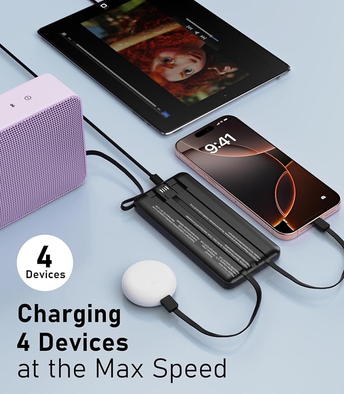Portable Charger with Built in Cables, Slim 10000mAh Power Bank, USB C Battery Pack Travel, 4 Output 2 Input External Charging Bank for iPhone 17/16/15/14/13,Samsung, Android, etc-Black(1 Pack)