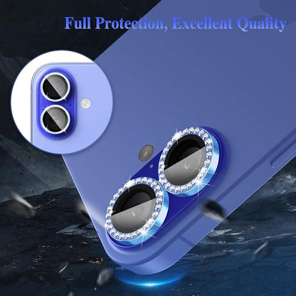 ShinKin Camera Lens Protector for iPhone 16/iPhone 16 Plus, Bling Glitter Camera Cover, 9H Tempered Glass Individual Metal Ring Camera Protector for iPhone 16/iPhone 16 Plus (Diamond - Blue)