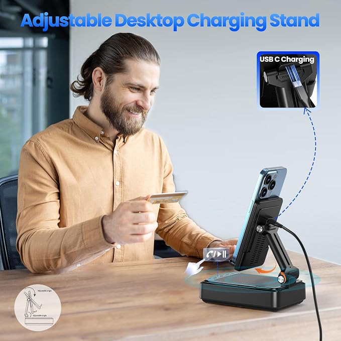 Jteman Cell Phone Stand with Bluetooth Speaker and Wireless Charger,Desktop Charging Station Stand Speaker for iPhone,Christmas Birthday Gift for Men Women (Black)