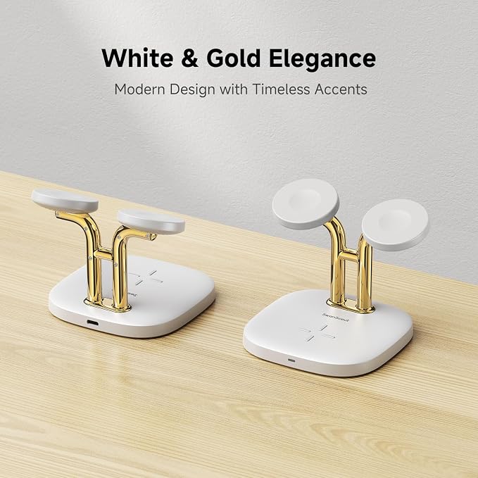 Dual Watch Charger with Fast Charging for Apple Watch, SwanScout 704A, 3-in-1 Wireless Charging Station Stand for Apple Watch Ultra 3/11/10, Wireless Charger Dock for AirPods Pro 3/4/3 (White & Gold)