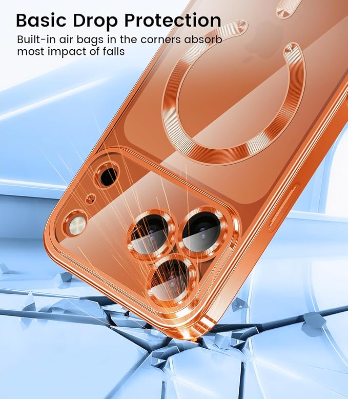 Slim Thin for iPhone 17 Pro Max Case Clear, Compatible with MagSafe, Built-in Camera Lens Protector, Shockproof Protective Phone Case, Soft Electroplated Magnetic Cover, Cosmic Orange