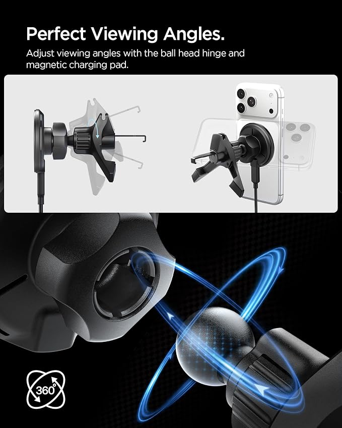 Spigen Essential MagFit Qi2 Ultra-Thin 15W MagSafe Car Mount Charger with Airboost™ & Dimmed RGB Lights Wireless Car Charger Mount Compatible with iPhone 17e, 17 Pro Max, 17 Pro, 17 16 15 14 13 12
