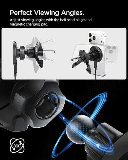 Spigen Essential MagFit Qi2 Ultra-Thin 15W MagSafe Car Mount Charger with Airboost™ & Dimmed RGB Lights Wireless Car Charger Mount Compatible with iPhone 17e, 17 Pro Max, 17 Pro, 17 16 15 14 13 12