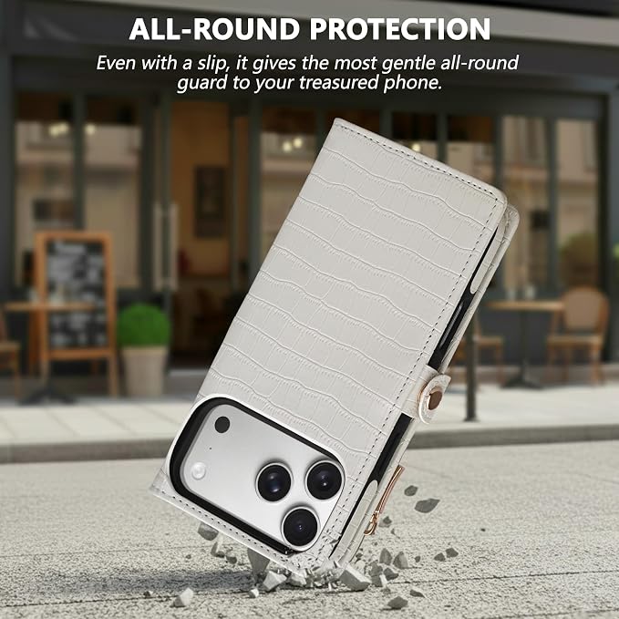 Crossbody Wallet Case for iPhone 17 Pro Max with Mirror, Wrist Strap, Detachable Zipper Purse, Magnetic Flip RFID Blocking Card Holder, Wireless Charging Case 6.9" Women (Textured White)