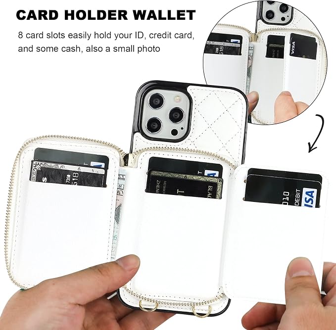 Bocasal Crossbody Wallet Case for iPhone 12 Pro Max, RFID Blocking PU Leather Zipper Handbag Purse Flip Cover, Kickstand Folio Case with Card Slots Holder Wrist Strap Lanyard 5G 6.7 Inch (White)