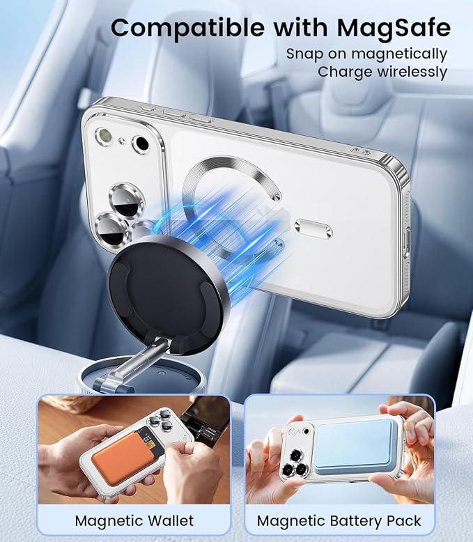 Slim Thin for iPhone 17 Pro Case Clear, Compatible with MagSafe, Built-in Camera Lens Protector, Shockproof Protective Phone Case, Soft Electroplated Magnetic Cover, Silver