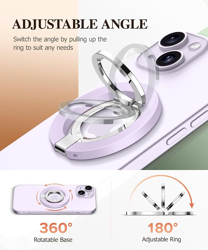 GVIEWIN Magnetic Phone Ring Holder, Compatible with MagSafe Phone Grip with Adjustable Stand, Magnet Phone Ring Kickstand for iPhone 17/16/15/14/13/12 Pro Max Plus Air/Other Phones (Lilac)