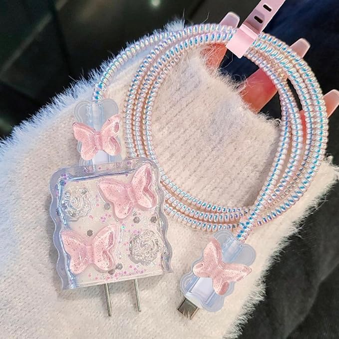 5in1 18W/20W Charger Case Compatible with Apple 20W Power Adapters, Lovely Charger Cover & Cable Protector for iPhone Pro Max & MacBook Neo 13 Inch Charging Cables, Pink Crystal Butterfly