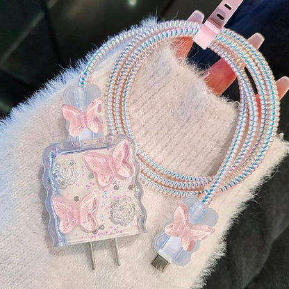 5in1 18W/20W Charger Case Compatible with Apple 20W Power Adapters, Lovely Charger Cover & Cable Protector for iPhone Pro Max & MacBook Neo 13 Inch Charging Cables, Pink Crystal Butterfly