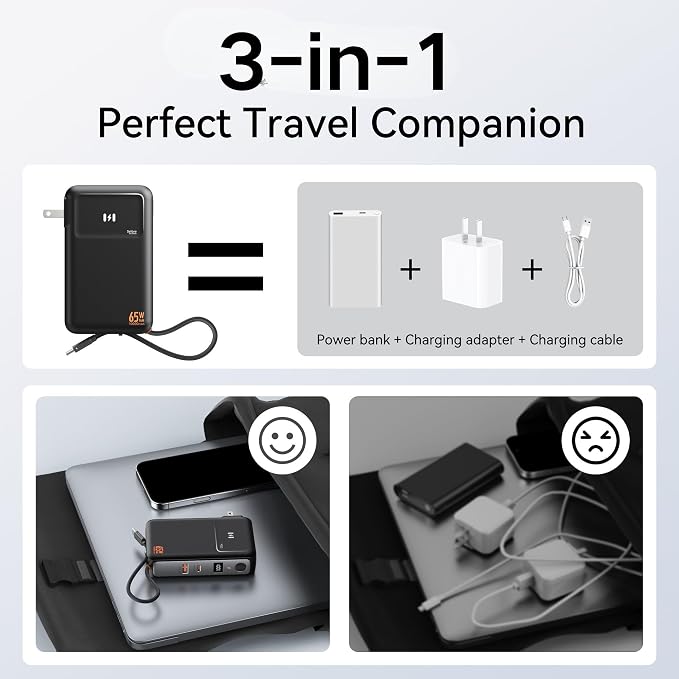 Selore&S-Global 3-in-1 Portable Phone Charger with Wall Plug, 10000mAh USB-C Power Bank with Built in Cable, 35W Portable Battery Pack for iPhone Samsung Android & 65W Wall Charger for Laptop MacBook