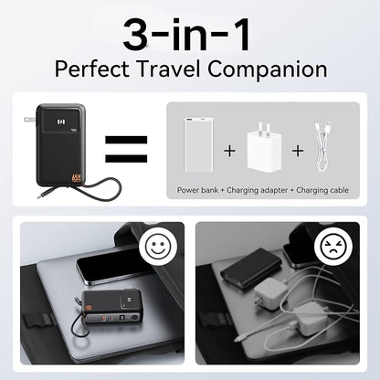 Selore&S-Global 3-in-1 Portable Phone Charger with Wall Plug, 10000mAh USB-C Power Bank with Built in Cable, 35W Portable Battery Pack for iPhone Samsung Android & 65W Wall Charger for Laptop MacBook