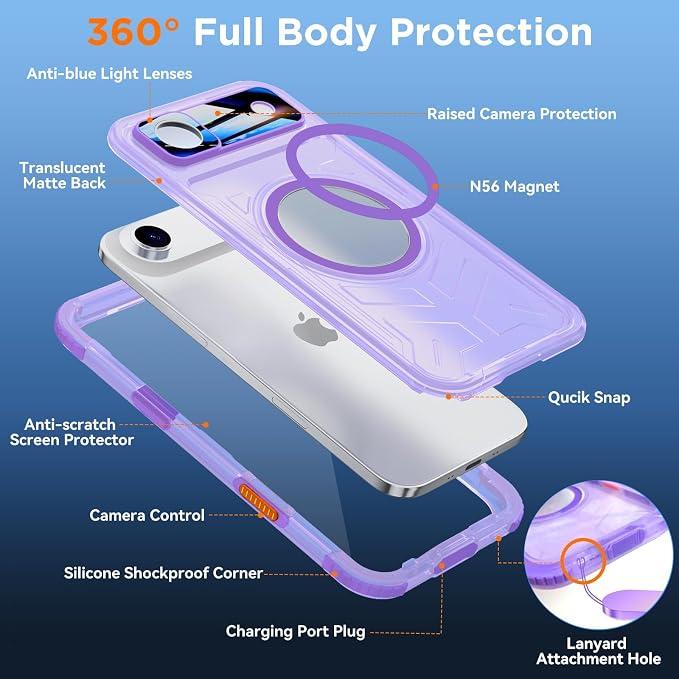 WIFORT for iPhone 17 Air Waterproof Case, [Fit for Magsafe] with Sapphire Lens & Screen Protector, IP68 Full Body 15FT Military Shockproof, Magnetic Frosted Phone Cover with Lanyard, 6.5" Purple