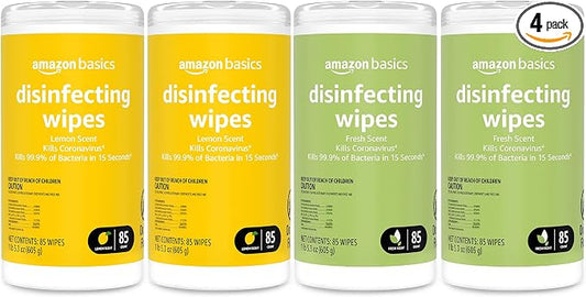 Amazon Basics Disinfecting Wipes, Lemon & Fresh Scent, Thick, Sanitizes/Cleans/Disinfects/Deodorizes, 340 Count (4 Packs of 85)