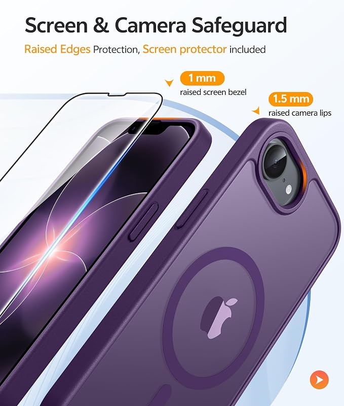 FNTCASE for iPhone 17e Case: iPhone 16e Phone Case [Compatible with Magsafe] Translucent Matte Cases with [Screen Protector] Military Grade Shockproof Protective Phone Cover - Purple